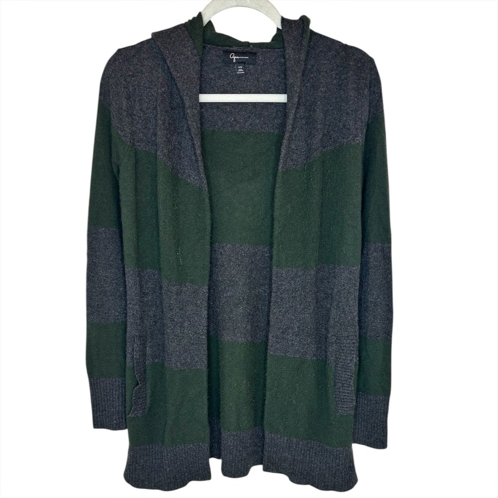 AQUA Cashmere Cardigan Sweater Hoodie XS Green Gray Stripes Open Front Luxury